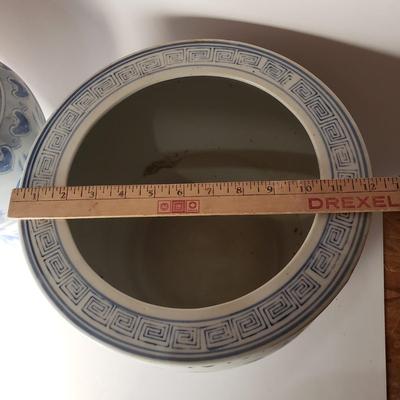 LOT 200: Chinoiserie Blue & White Fishbowl Planter & Vase