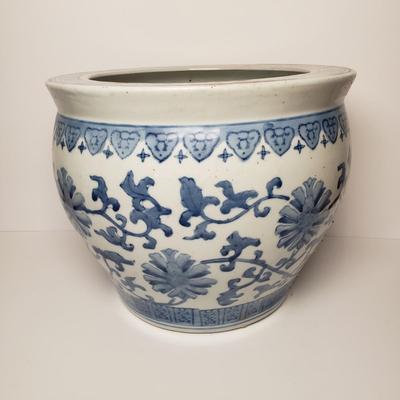 LOT 200: Chinoiserie Blue & White Fishbowl Planter & Vase