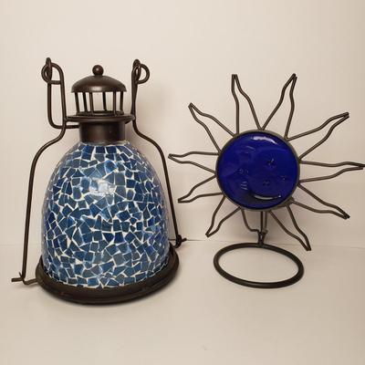 LOT 203: Celestial Sun & Moon Candle Holder & Glass Mosaic Lantern Candle Holder