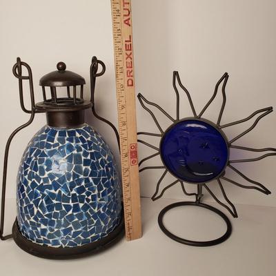 LOT 203: Celestial Sun & Moon Candle Holder & Glass Mosaic Lantern Candle Holder