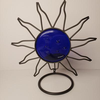 LOT 203: Celestial Sun & Moon Candle Holder & Glass Mosaic Lantern Candle Holder