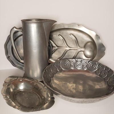 LOT 204: Pewter Collection-Pitcher, Trays, Platters, Decorative Bowl