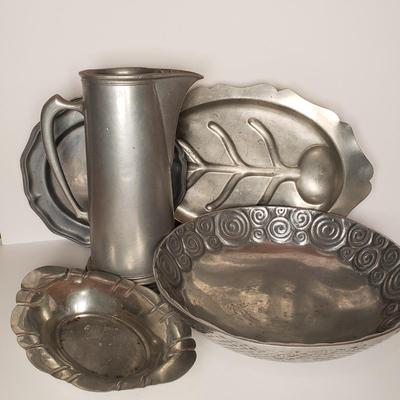 LOT 204: Pewter Collection-Pitcher, Trays, Platters, Decorative Bowl
