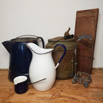 LOT 206: Swedish Enamelware Pitcher, Vintage Insulated Thermos, Blue Enamel Coffeepot, Pickle castor Stand with Tongs & Antique...