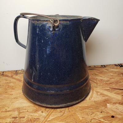 LOT 206: Swedish Enamelware Pitcher, Vintage Insulated Thermos, Blue Enamel Coffeepot, Pickle castor Stand with Tongs & Antique...