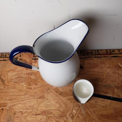 LOT 206: Swedish Enamelware Pitcher, Vintage Insulated Thermos, Blue Enamel Coffeepot, Pickle castor Stand with Tongs & Antique...