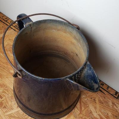 LOT 206: Swedish Enamelware Pitcher, Vintage Insulated Thermos, Blue Enamel Coffeepot, Pickle castor Stand with Tongs & Antique...