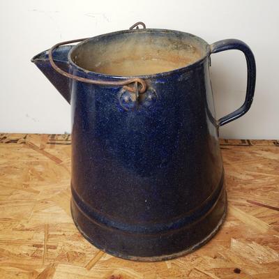 LOT 206: Swedish Enamelware Pitcher, Vintage Insulated Thermos, Blue Enamel Coffeepot, Pickle castor Stand with Tongs & Antique...