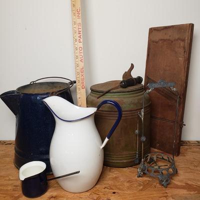 LOT 206: Swedish Enamelware Pitcher, Vintage Insulated Thermos, Blue Enamel Coffeepot, Pickle castor Stand with Tongs & Antique...