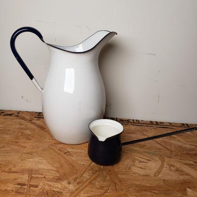 LOT 206: Swedish Enamelware Pitcher, Vintage Insulated Thermos, Blue Enamel Coffeepot, Pickle castor Stand with Tongs & Antique...