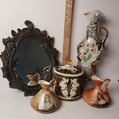 LOT 209: Hand Carved Wooden Mirror, Pair of Victorian Lady Ewers & More