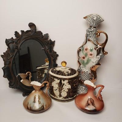 LOT 209: Hand Carved Wooden Mirror, Pair of Victorian Lady Ewers & More