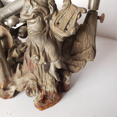 LOT 210: Antique Puck Style Cylinder Phonograph with Cast Metal Lady Base & Morning Glory Style Horn