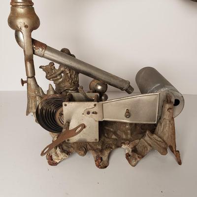 LOT 210: Antique Puck Style Cylinder Phonograph with Cast Metal Lady Base & Morning Glory Style Horn