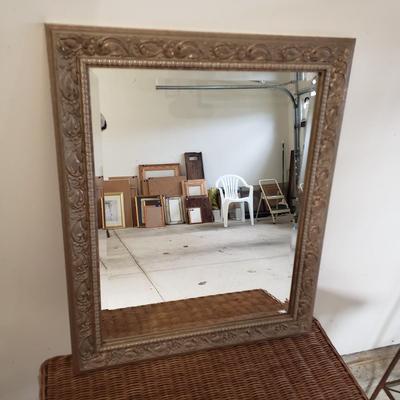 LOT 216: Vintage Rattan Wicker Table with Magazine Rack & Silver Tone Mirror