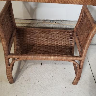 LOT 216: Vintage Rattan Wicker Table with Magazine Rack & Silver Tone Mirror