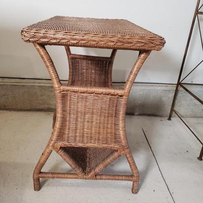 LOT 216: Vintage Rattan Wicker Table with Magazine Rack & Silver Tone Mirror