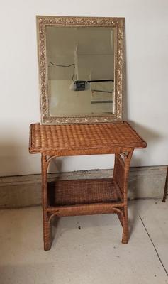 LOT 216: Vintage Rattan Wicker Table with Magazine Rack & Silver Tone Mirror