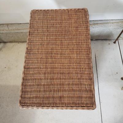 LOT 216: Vintage Rattan Wicker Table with Magazine Rack & Silver Tone Mirror