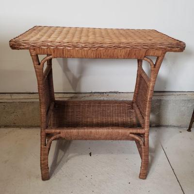 LOT 216: Vintage Rattan Wicker Table with Magazine Rack & Silver Tone Mirror