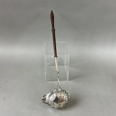 K496 Antique English Repoussé Sterling Silver Punch Ladle with Wood Handle