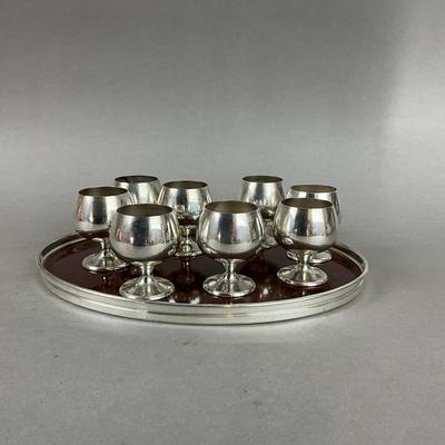 K161 Set Of Eight Sterling Silver Gorham Cordial Cups On Alvin Sterling Silver Rimmed Tray