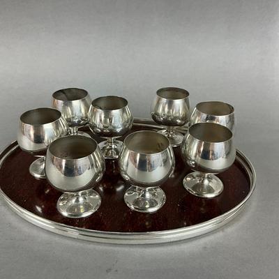K161 Set Of Eight Sterling Silver Gorham Cordial Cups On Alvin Sterling Silver Rimmed Tray