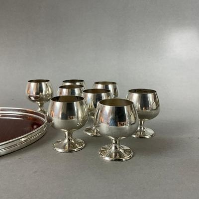 K161 Set Of Eight Sterling Silver Gorham Cordial Cups On Alvin Sterling Silver Rimmed Tray