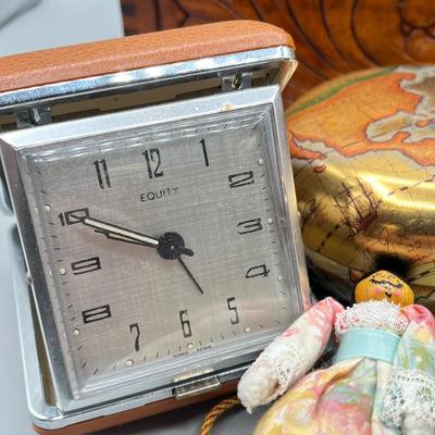 LOT 46: Decorative Mirrored Box w/ Vintage Items - Travel Clocks and More