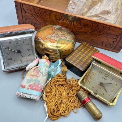 LOT 46: Decorative Mirrored Box w/ Vintage Items - Travel Clocks and More