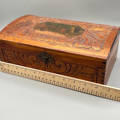 LOT 46: Decorative Mirrored Box w/ Vintage Items - Travel Clocks and More