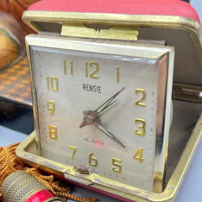 LOT 46: Decorative Mirrored Box w/ Vintage Items - Travel Clocks and More