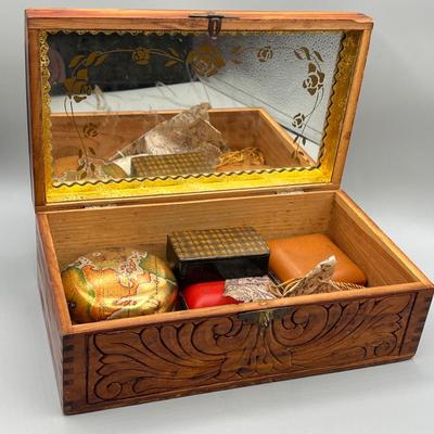 LOT 46: Decorative Mirrored Box w/ Vintage Items - Travel Clocks and More