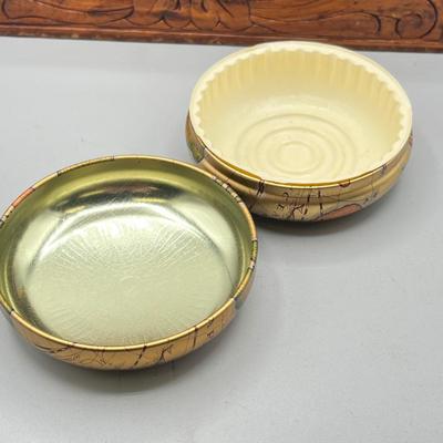 LOT 46: Decorative Mirrored Box w/ Vintage Items - Travel Clocks and More