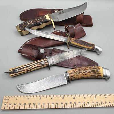 LOT 92: Vintage Carved Wood Handle Fixed Blade Knives - Rostfrei, Shrade and More
