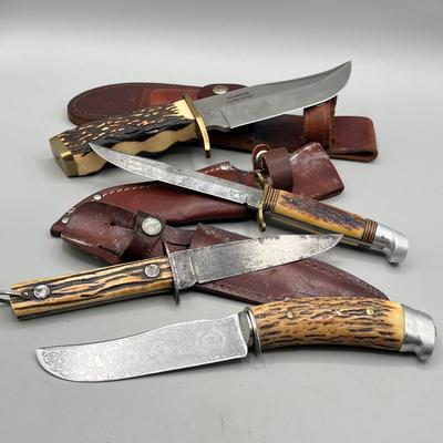 LOT 92: Vintage Carved Wood Handle Fixed Blade Knives - Rostfrei, Shrade and More