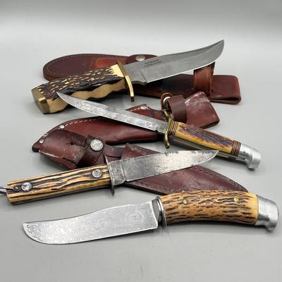 LOT 92: Vintage Carved Wood Handle Fixed Blade Knives - Rostfrei, Shrade and More