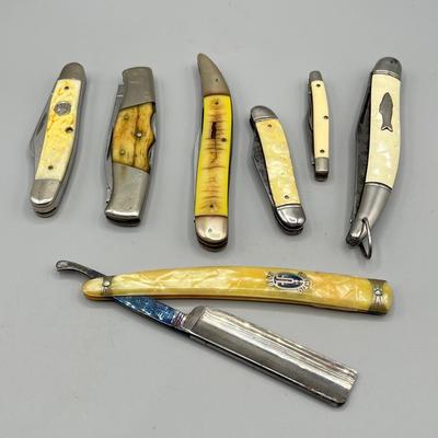 LOT 91: Vintage Blue Diamond Straight Razor and Pocket Knife Collection