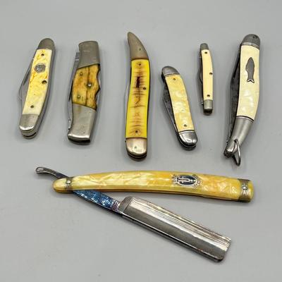 LOT 91: Vintage Blue Diamond Straight Razor and Pocket Knife Collection