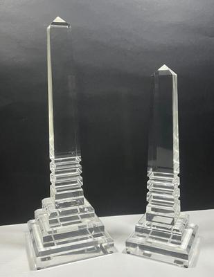 LOT 161: Pair Of MCM Lucite Acrylic Obelisks - 15” And 12”