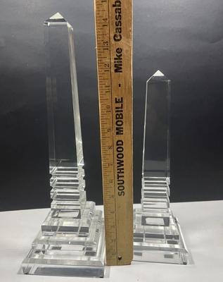 LOT 161: Pair Of MCM Lucite Acrylic Obelisks - 15” And 12”