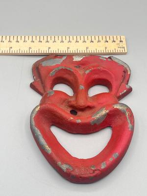 LOT 186: Mid Century Modern Cast Metal Happy Face Drama Mask aka "Clown Devil Face"
