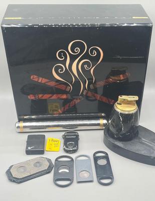 LOT 189: Cigar Afficianado Collection - Humidor, Zippo and Proetheus Lighters, Faux Mable Cigar Lighter With Ashtray and More