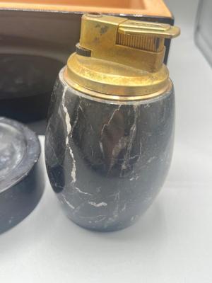 LOT 189: Cigar Afficianado Collection - Humidor, Zippo and Proetheus Lighters, Faux Mable Cigar Lighter With Ashtray and More