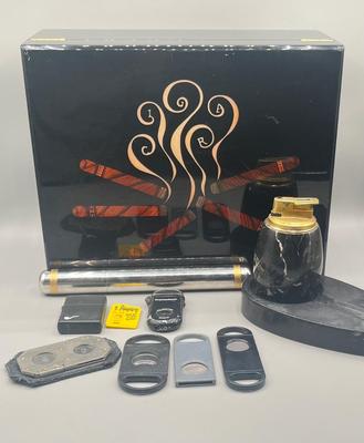 LOT 189: Cigar Afficianado Collection - Humidor, Zippo and Proetheus Lighters, Faux Mable Cigar Lighter With Ashtray and More