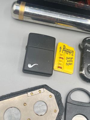 LOT 189: Cigar Afficianado Collection - Humidor, Zippo and Proetheus Lighters, Faux Mable Cigar Lighter With Ashtray and More