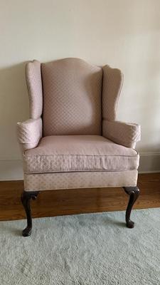 Two Drexel Queen Anne Style Upholstered Wingback Chairs (LR-MG)