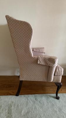 Two Drexel Queen Anne Style Upholstered Wingback Chairs (LR-MG)