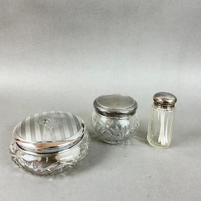K623 Set Of Three Cut Crystal Sterling Lidded Dresser Jars