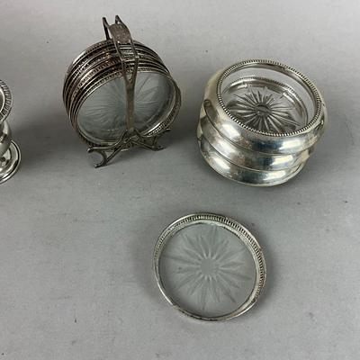 K631 Set Of Sterling Silver Glass Coasters Set With Toothpick Holder